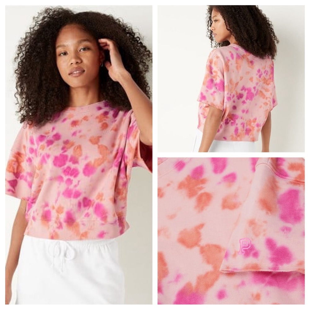 VS VICTORIAS SECRET PINK SHORT SLEEVE CROP TEE TOP SWEATSHIRT PEACH TIE DYE XL